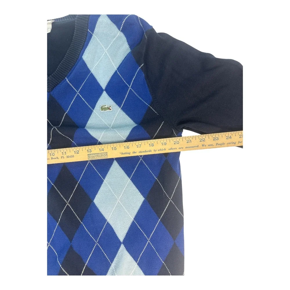 Lacoste Argyle V-Neck Cotton Sweater Sz 4 M Navy Blue Preppy Collegiate
